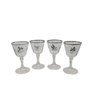 Federal Glass Co Wine Glasses Sportsman Game Birds Platinum USA 1980s‎ Set Of 4